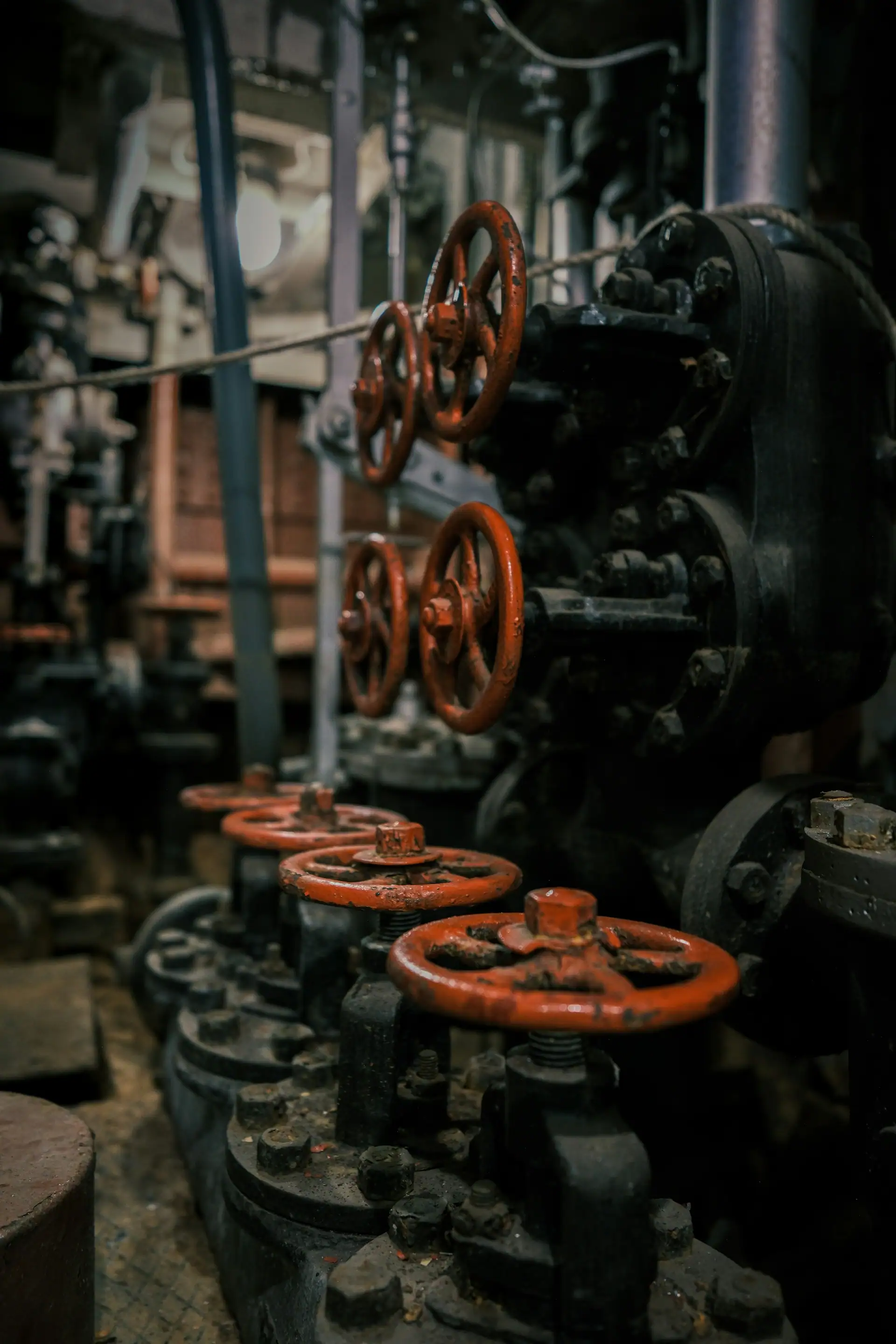 A row of industrial valves with red handwheels